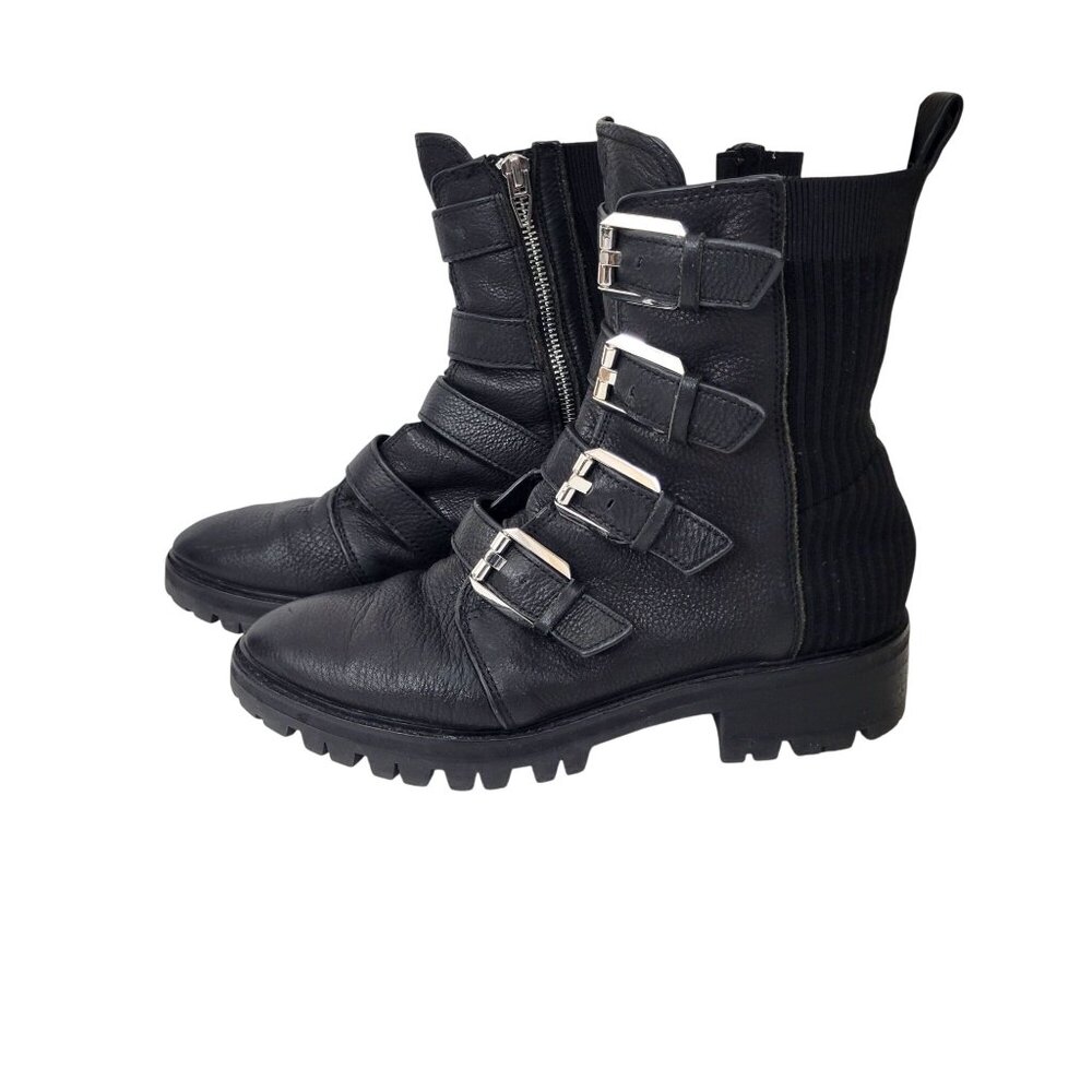 Dolce Vita Black Leather Combat Boots With Buckle Straps & Side Zipper Rugged Lu